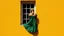 Placeholder: A lone figure of a young woman, seen from behind, sits in a window frame. She is wearing a flowing green dress and her blonde hair is pulled back. The window is set into a textured, bright yellow wall. A strong shadow, cast by an unseen object, stretches diagonally across the lower left portion of the wall, contrasting with the vibrant yellow. The interior of the window is dark, with a hint of a reflection or interior structure visible in the panes. The overall mood is serene and contemplative,