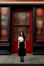 Placeholder: Photorealistic image of a young woman with dark hair, in a black ankle length skirt, boots and shirt, standing outside an old magic shop front with large red painted multi-paned picture windows on either side of a multi-paned doorway.