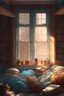 Placeholder: Room , four beds , students , sleeping , tablet , cup of coffee , books , big window