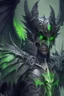 Placeholder: Demonio hermoso con armadura verde con negro y alas verdes viendo a los ojos a un caballero de armadura negra que está frente a el
