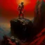 Placeholder: dramatic medium brush stroke matte oil painting, cursed Prometheus the Titan god chained to the top of a mountain where vultures eat his liver, Dramatic, complex contrast, dynamic composition, expansive, diagonal offset composition, Greek Mythology, focused, red hues, by Zdzislaw Beksinski and Jim Dine