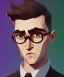 Placeholder: Fit man in round glasses, wavy hair, stubble,no beard, slim, tie, monotone, green eyes, comic book style, two tone colours, detailed, ink, realistic, handsome, square jaw, big brows, no jacket, bird on the shoulder, spotlight