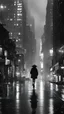 Placeholder: new york late night, tall skyscrapers, girl walking down the street in the rain, photographic, black and white