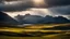 Placeholder: Mountainous landscape on Kerguelen, dramatic sunlight, chiaroscuro, beautiful composition