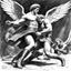 Placeholder: (black and white traditional pencil sketch digital drawing on paper by Ray Harryhausen) Jacob wrestling with angel