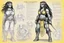 Placeholder: character concept sheet with AD&D statistics and characteristics, [high res pen sketch with a lot of strokes in stippling for TMNT module B3] Mona Lisa female Teenage Mutant Ninja Turtle, She has turtle skin partially made of scales, dreadlocks, and wears a yellow bra and a yellow eye mask. A protective shell is on her back, and she holds her bolas.