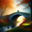 Placeholder: ultra realism, bridge over ravine in autumn,white radiating horse, fantasy art, spray paint