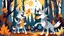 Placeholder: fantasy cartoon style illustration: happy wolves are singing in the woods