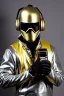 Placeholder: Metallic Cyber-punk style man with a camera-mask and old AKG-style headphones with golden. Large fencing mask covers man's cheeks. Man in good body shape. Reflective plastic body surface, golden skin, full-coverage. Body and Head full of integrated old-fashioned cameras and an old telephone. Silver to black latex surfaces body. Perfect body. Equations, Euclidean 3D-tiling, Escher tiling. 1996. Cables in head. Daft Punk. Matrix black leather jacket with a Hood. Chains.