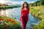 Placeholder: beautiful girl supper model, in nice red top ,blue pants, with curvy hair,perfect face,perfect eyes,country side wavy narrow river ,wild flowers ,blue sky nice clouds,walk in water