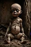 Placeholder: creepy sad baby, body made of dirty, holey burlap, burlap has a big head, one eye is hanging by a thread and there are stitches on the body and head. very thin with two arms and two legs, sitting in the corner of his dirty room in a dilapidated house, dimly lit, detailed, thriller, creepy stunning