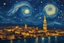 Placeholder: Vincent Van Gogh's Starry Night and Istanbul's iconic cityscape with the majestic Galata Tower capture the spirit of Van Gogh's swirling, expressive night sky, blending seamlessly with the captivating silhouette of Istanbul's historic architecture, The city's skyline, adorned with the signature Galata Tower, should rise majestically amid a cosmic dance of stars and swirling stars, Infuse the composition with Van Gogh's vibrant color palette, emphasizing the harmony between the celestial and eart