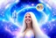 Placeholder: very beautiful cosmic women with white long hair, smiling, with cosmic dress and in the background there is a spaceship with light below and a bautiful sky with stars and light beam