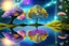 Placeholder: tree near the flowers, water reflection, galaxy, cosmos, science fiction, epic scene.