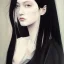 Placeholder: a painting of a woman with long black hair,an oil painting, painted by addition of overlapping layers of color,painting by Fumi Koike, glazing technique, hyper realistic painted long black hair ,very pale skin, intricate precise detail, inspired by Kris Knight, figurative art, in yoji shinkawa's art style, annoyed expression, looking directly at us,