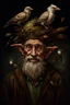 Placeholder: a painting of an old man with a bird on his head, a character portrait by Wendy Froud, cgsociety, fantasy art, storybook illustration, grotesque, detailed painting