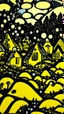 Placeholder: A small yellow village with glowing mushrooms painted by Roy Lichtenstein