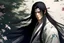 Placeholder: a man with long black hair and a sword looks in an arrogant and distant way, fantasy, attractive, soft chin, asian, kimono