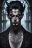 Placeholder: A well dressed beautiful male demon,gothic aesthetic, glowing eyes, face tattoos