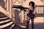 Placeholder: scarred cyberpunk vampire girl with tribal tattoos short curly dark cyberpunk hair descending the staircase in decaying gothic mansion with double barreled shotgun in hand at dawn