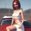 Placeholder: happy cute chick sitting on roof of a car portrait, wreckfest, spectacular graphics, unreal, white skirt