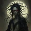 Placeholder: The witch, Lorissa Nightshade, appears—a gaunt, pale woman with hollow eyes and wreathed in shadowy tendrils. Grimdark realistic