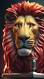 Placeholder: Creating a lion face made of yellow and red colors. At the same time, put the championship trophy next to it, centered on the screen, realistic 4k, cinematic,