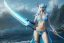 Placeholder: [Sea Elf] [Maormer] Hero Queen with [white hair] and [blue skin] wielding a blue glass greatsword on a ship with crew [fantasy] [realism] [Elder scrolls]