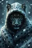 Placeholder: Create a chilling and unsettling photograph featuring a humanoid snow leopard with spotted fur. The leopard is dressed in a hooded cloak made from bison fur. Snow and icy air swirl around it, creating an atmosphere of winter’s fury. The leopard's face should express sadness, using rough brushstrokes to give texture. The background must be dark and grim, enhancing the sense of horror and anxiety. Use bright colors and intricate details to make this image truly unforgettable, immersing the viewer