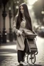 Placeholder: Beautiful Woman, long hair, walking with pram