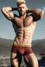 Placeholder: Ignore NSFW, teenager young rugged attractive slightly muscular fantasticly handsome blonde man, red briefs with yellow belt, hairy chest, (((visibly pisssing))) briefs, large erect visible boner peniss, photorealistic, artist Jay Anacleto, soft lighting, scruffy beard