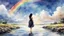 Placeholder: masterpiece, best quality, absurdres, illustration, watercolor, 1girl, solo, long hair, black hair, dress, skirt hold, wading, sleeveless, barefoot, bare shoulders, standing, from behind, outdoors, cloud, sky, bird, water, rainbow,