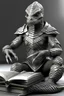 Placeholder: reptilian humanoid, grey diamond - shaped scales, big magic book