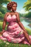 Placeholder: An airbrushed illustration of a curvy black cartoon woman sitting relaxed on a sunny riverbank, lush green grass surrounding her. Facing left in profile, she has flowing chestnut hair styled in an elaborate braided twist. complementing the pink floral maxi dress wrapped snugly around her exaggerated curves. One hand touches her cheek lightly as she looks to the distance, brown eyes enhanced by long lashes and purple eyeshadow. Bold brown lips match the brown flowers on her dress