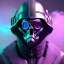 Placeholder: full body apocalyptic purple masked villain in galaxy, teal and purple smoke, detailed, realistic, 4k