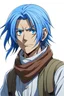 Placeholder: guy animation character with medium long blue hair that tie it like attack on titan