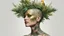 Placeholder: white background, punk 45 years old, forest on head, plant hair, green plants, golden birds, golden makeup, tattoo, shiny aura, very detailed, fine rendering, high detail, high resolution, 8K