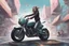 Placeholder: young woman astride a large motorbike, with no wheels, floating on an alien street