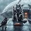 Placeholder: digital art front in picture an of little dark dog like creature stands and looking an anthropomorphic wolf couple sitting on the spaceship's ramp close together, the pale gray female wolf sits behind strong male wolf and puts one paw on the dark gray wolfman's shoulder, raini day, on ramp a little piece of meat lies down, high contrast, high detalied, high realistic, in background detail of an angular spaceship visible. Rain, The atmosphere is a seamless blend of sci-fi, dark fantasy