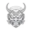 Placeholder: White, minimalis line art , cute oni mask japanes , vector, white background, outline, with images neatly contained within the background, just black and white color, tatto style.