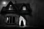 Placeholder: fantasy, black and white, surrealist, high contrast, high shadows, ambient mystery, tim burton character, a woman with cape and hood is outdoor, a woman old wood house and look through window inside house, woman with her back to the camera, close up window, light on inside house, woman in front of window, reflection moon in a glass window, big window, a woman in front of a window, other window reflection full moon