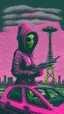 Placeholder: woman wearing a pink alien mask in a black hoody standing on top of the hood of a masserati with machine guns in both hands under the Seattle space needle by van gogh