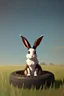 Placeholder: portrait of a bunny with big hanging ears, sitting in an old worn tire, in a field of various grasses.