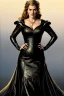 Placeholder: painting of kate winslet as evil queen in black leather gown, feminie, angry, stern look on her face, volouptous, busty, cleavage, emperious, mature, highly detailed, digital painting, artstation, concept art, smooth, sharp focus, illustration, art by gaston bussiere and alphonse mucha