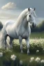 Placeholder: a beautiful white horse with a long wavy mane walks in a blooming meadow,full height, photorealism, surrealism, beautiful landscape,clear lines, drawing small details with a pen, aesthetically pleasing, beautiful, realistic, professional photo, 4k, high resolution, high detail, 1/250s, pixel graphics, bright lighting