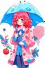 Placeholder: kind sailor, red curly hair, long jacket, pink-azure clothes, pink-azure cocked hat, white floral pattern on the jacket, flower in the hair. Pink and blue umbrella.
