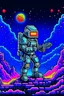 Placeholder: Astronaut with laser gun in pixel art on a wild planet