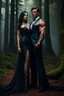 Placeholder: beautiful dark haired woman in a long dress standing next to a muscular male in a suit, Forest setting, dark fantasy, photorealistic. 4k
