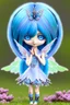 Placeholder: cute happy fairy girl with rounded blue eyes, big long silver hair, and with tiny black fluffy kitty sitting in her five fingers hands, chibi 3d anime character, detailed, fantasy style, nice picture in the big meadow with pale colors flowers