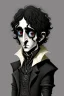 Placeholder: black haired black eyed young man necromancer wizard Gnome that looks like a young Edgar Allan Poe with gothic jewelry in the style of Charles Addams